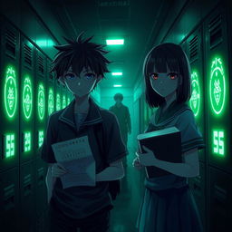 A dimly lit high school hallway bathed in eerie green light, lined with lockers glowing with cryptic symbols, creating a tense scene