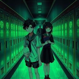 A dimly lit high school hallway bathed in eerie green light, lined with lockers glowing with cryptic symbols, creating a tense scene