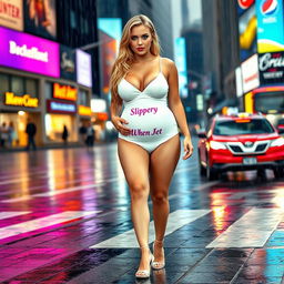 A beautiful and innocent young woman with a voluptuous and curvy figure walks confidently through a busy downtown intersection, dripping wet in the pouring rain while wearing a short tight white baby doll lingerie and elegant white high heel stiletto shoes