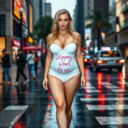 A beautiful and innocent young woman with a voluptuous and curvy figure walks confidently through a busy downtown intersection, dripping wet in the pouring rain while wearing a short tight white baby doll lingerie and elegant white high heel stiletto shoes