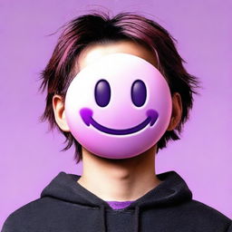 An ultra HD, high quality, hyper-realistic digital art image featuring an individual with a purple emoticon for a head