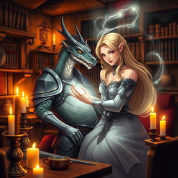 In a vibrant anime style, a half-dragon knight with majestic scales and a confident demeanor sits in a rustic tavern back-room, bathed in the warm glow of flickering candles