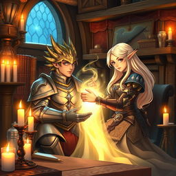 In a vibrant anime style, a half-dragon knight with majestic scales and a confident demeanor sits in a rustic tavern back-room, bathed in the warm glow of flickering candles