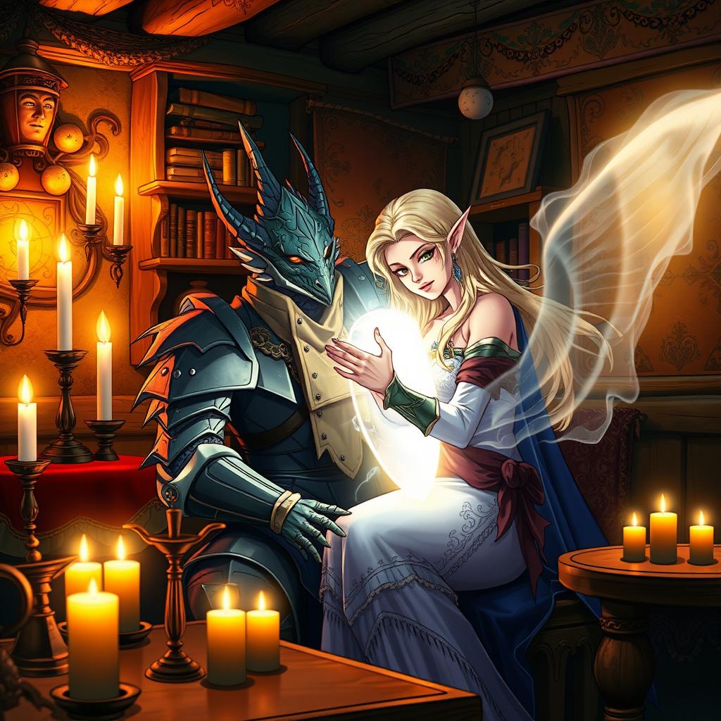 In a vibrant anime style, a half-dragon knight with majestic scales and a confident demeanor sits in a rustic tavern back-room, bathed in the warm glow of flickering candles