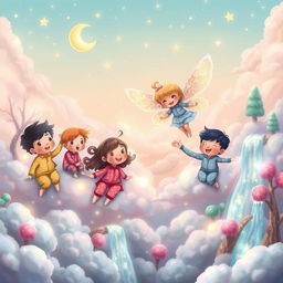 A whimsical and enchanting scene depicting a dream world where children are floating on fluffy clouds while meeting a friendly fairy
