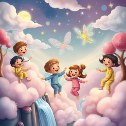 A whimsical and enchanting scene depicting a dream world where children are floating on fluffy clouds while meeting a friendly fairy