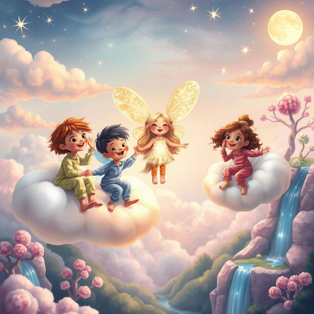 A whimsical and enchanting scene depicting a dream world where children are floating on fluffy clouds while meeting a friendly fairy