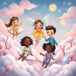 A whimsical and enchanting scene depicting a dream world where children are floating on fluffy clouds while meeting a friendly fairy