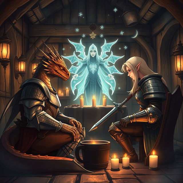 In an enchanting anime style, a half-dragon knight with shimmering scales and a resolute expression sits across from a blonde elf knight, who exudes strength and grace