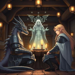 In an enchanting anime style, a half-dragon knight with shimmering scales and a resolute expression sits across from a blonde elf knight, who exudes strength and grace