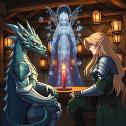 In an enchanting anime style, a half-dragon knight with shimmering scales and a resolute expression sits across from a blonde elf knight, who exudes strength and grace