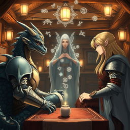 In an enchanting anime style, a half-dragon knight with shimmering scales and a resolute expression sits across from a blonde elf knight, who exudes strength and grace