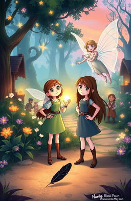 A whimsical fantasy scene depicting two main characters: a brave girl named Lily, with long brown hair and bright eyes, standing confidently with her hand on her hip, and Diana, a gentle fairy with transparent wings flitting around her, who looks relieved and grateful