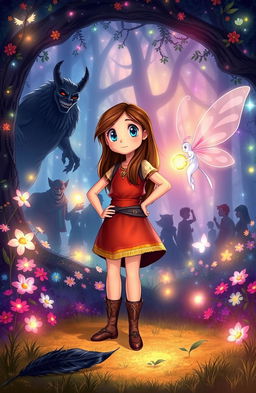 A whimsical fantasy scene depicting two main characters: a brave girl named Lily, with long brown hair and bright eyes, standing confidently with her hand on her hip, and Diana, a gentle fairy with transparent wings flitting around her, who looks relieved and grateful