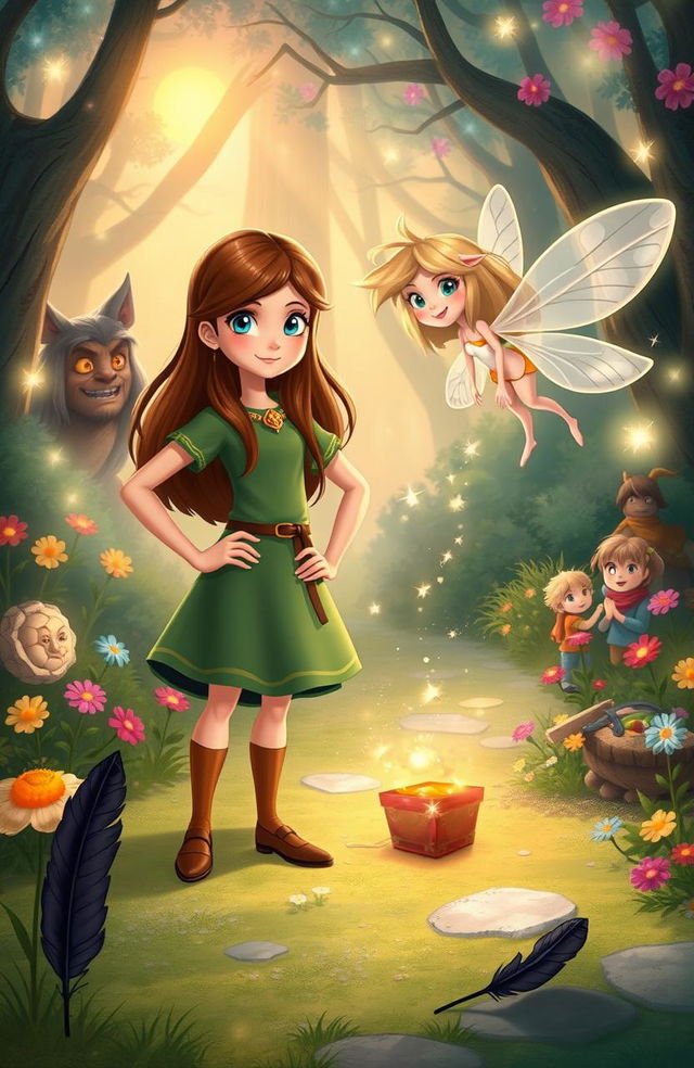 A whimsical fantasy scene depicting two main characters: a brave girl named Lily, with long brown hair and bright eyes, standing confidently with her hand on her hip, and Diana, a gentle fairy with transparent wings flitting around her, who looks relieved and grateful