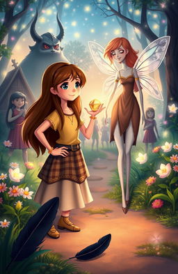 A whimsical fantasy scene depicting two main characters: a brave girl named Lily, with long brown hair and bright eyes, standing confidently with her hand on her hip, and Diana, a gentle fairy with transparent wings flitting around her, who looks relieved and grateful