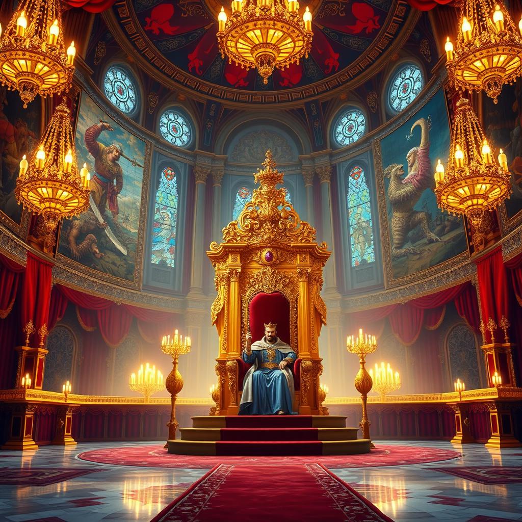 A majestic royal throne room for a fantasy novel cover, featuring an intricately designed throne made of gold and adorned with luxurious jewel embellishments