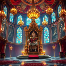A majestic royal throne room for a fantasy novel cover, featuring an intricately designed throne made of gold and adorned with luxurious jewel embellishments