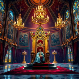 A majestic royal throne room for a fantasy novel cover, featuring an intricately designed throne made of gold and adorned with luxurious jewel embellishments