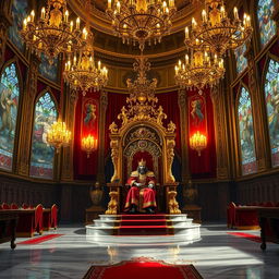 A majestic royal throne room for a fantasy novel cover, featuring an intricately designed throne made of gold and adorned with luxurious jewel embellishments