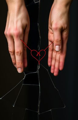 A broken mirror reflecting two hands horizontally; one hand belonging to a woman and the other to a man