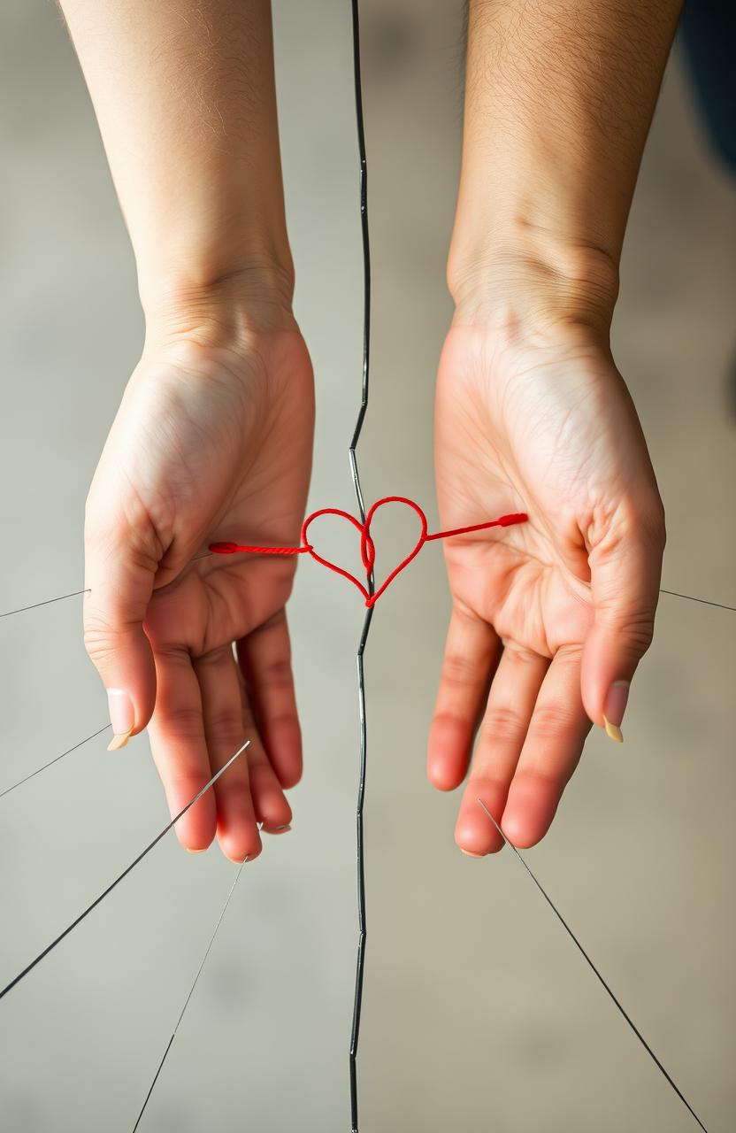 A broken mirror reflecting two hands horizontally; one hand belonging to a woman and the other to a man