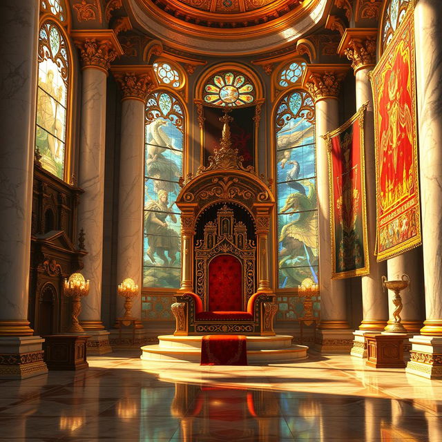 An opulent royal throne room, richly detailed for a fantasy novel cover