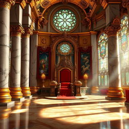 An opulent royal throne room, richly detailed for a fantasy novel cover