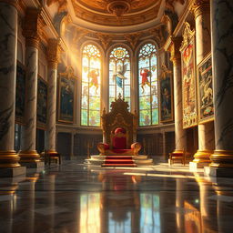 An opulent royal throne room, richly detailed for a fantasy novel cover