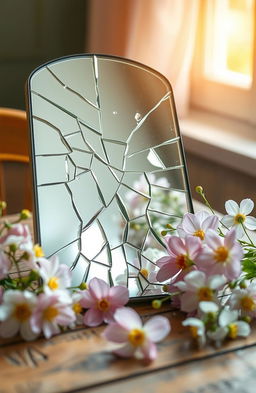 A beautifully arranged still life featuring a broken mirror, shards of glass reflecting light in a mesmerizing way