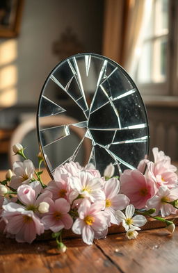 A beautifully arranged still life featuring a broken mirror, shards of glass reflecting light in a mesmerizing way