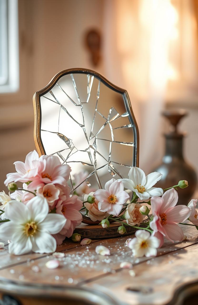 A beautifully arranged still life featuring a broken mirror, shards of glass reflecting light in a mesmerizing way