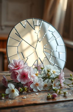 A beautifully arranged still life featuring a broken mirror, shards of glass reflecting light in a mesmerizing way