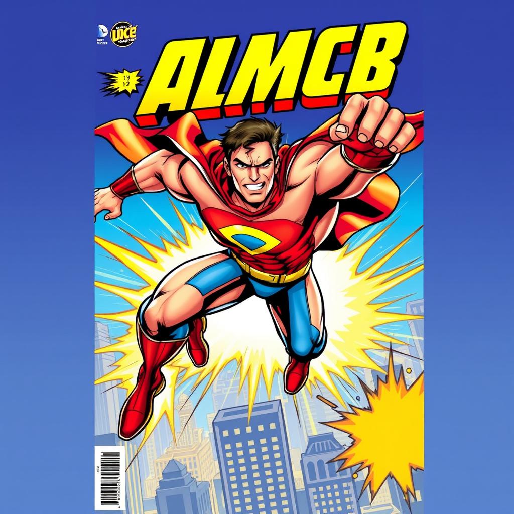 A dynamic comic book cover featuring a powerful superhero in action, showcasing an impressive muscular physique