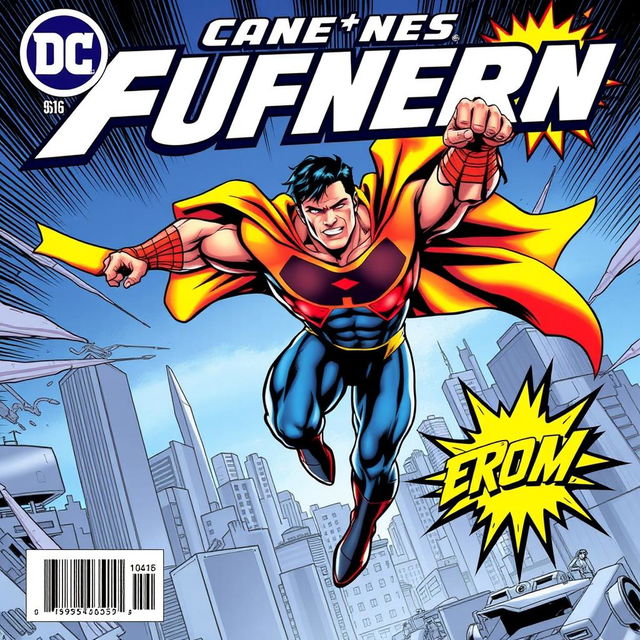 A dynamic comic book cover featuring a powerful superhero in action, showcasing an impressive muscular physique