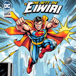 A dynamic comic book cover featuring a powerful superhero in action, showcasing an impressive muscular physique