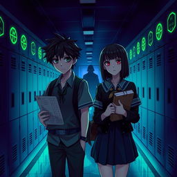 In a dimly lit high school hallway bathed in eerie green light, lined with lockers adorned with glowing cryptic symbols, we see a scene from "Shadows of the Labyrinth"