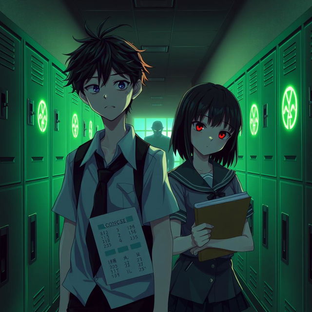 In a dimly lit high school hallway bathed in eerie green light, lined with lockers adorned with glowing cryptic symbols, we see a scene from "Shadows of the Labyrinth"