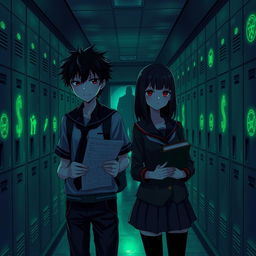 In a dimly lit high school hallway bathed in eerie green light, lined with lockers adorned with glowing cryptic symbols, we see a scene from "Shadows of the Labyrinth"