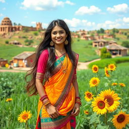 A modern Rajasthani girl in a vibrant village setting, wearing colorful traditional attire mixed with contemporary fashion elements, standing amidst a backdrop of lush green fields and rustic village houses