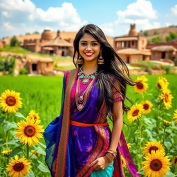 A modern Rajasthani girl in a vibrant village setting, wearing colorful traditional attire mixed with contemporary fashion elements, standing amidst a backdrop of lush green fields and rustic village houses