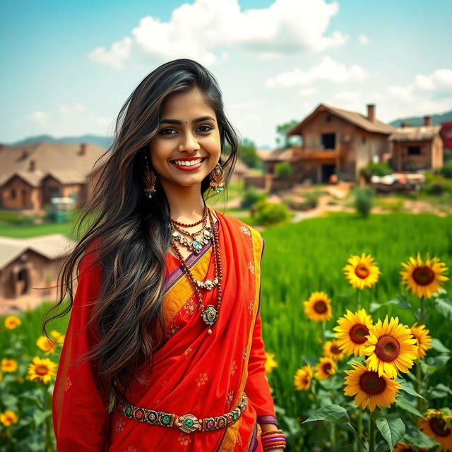 A modern Rajasthani girl in a vibrant village setting, wearing colorful traditional attire mixed with contemporary fashion elements, standing amidst a backdrop of lush green fields and rustic village houses