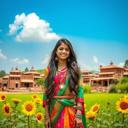 A modern Rajasthani girl in a vibrant village setting, wearing colorful traditional attire mixed with contemporary fashion elements, standing amidst a backdrop of lush green fields and rustic village houses