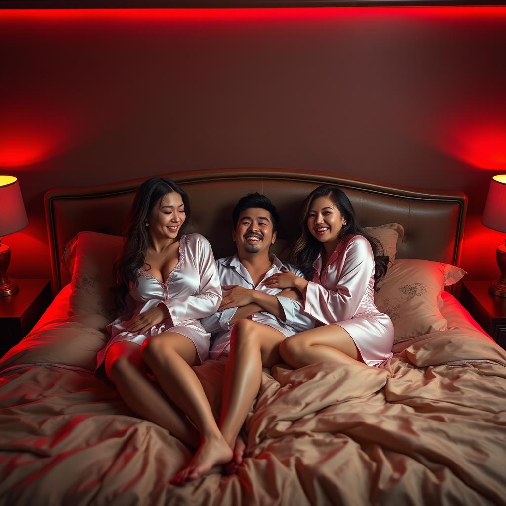A serene nighttime setting in a tastefully decorated bedroom where a Chinese man is comfortably lying down, embracing two beautiful, sexy women who are wearing elegant pajamas