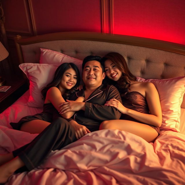 A serene nighttime setting in a tastefully decorated bedroom where a Chinese man is comfortably lying down, embracing two beautiful, sexy women who are wearing elegant pajamas