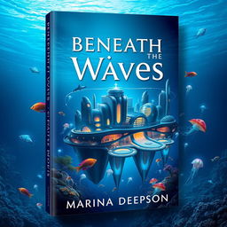 A stunning book cover design for 'Beneath the Waves' by Marina Deepson, featuring a breathtaking underwater environment