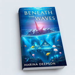 A stunning book cover design for 'Beneath the Waves' by Marina Deepson, featuring a breathtaking underwater environment