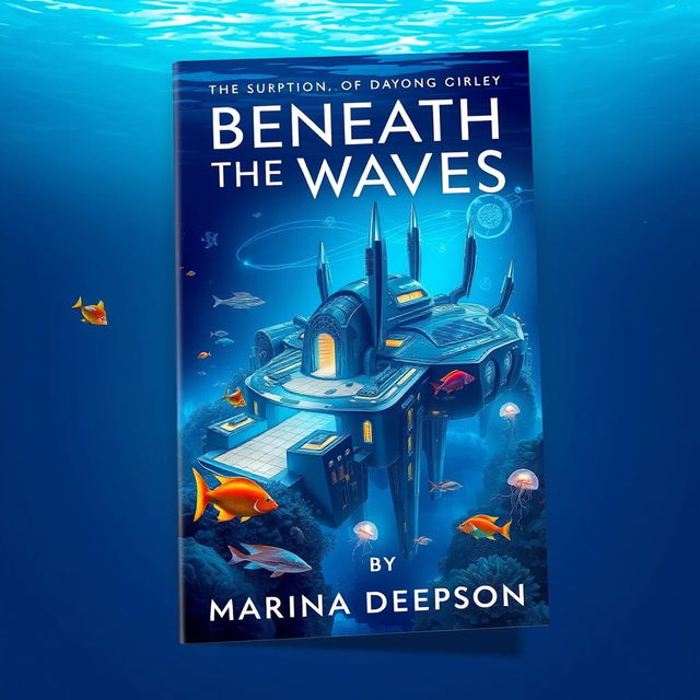 A stunning book cover design for 'Beneath the Waves' by Marina Deepson, featuring a breathtaking underwater environment