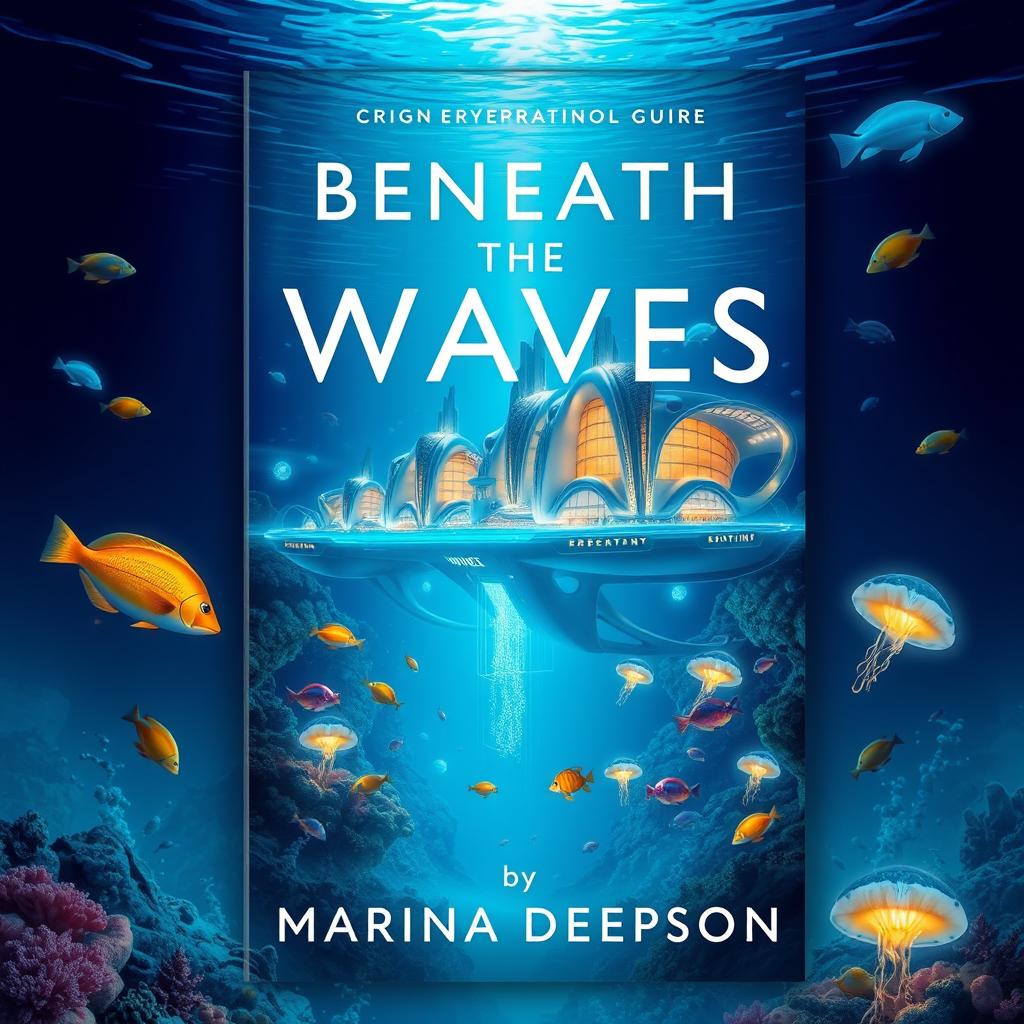 A stunning book cover design for 'Beneath the Waves' by Marina Deepson, featuring a breathtaking underwater environment