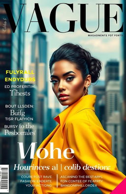 A vibrant and stylish magazine cover featuring a strong female model with striking features, wearing an elegant, high-fashion outfit in a bold color